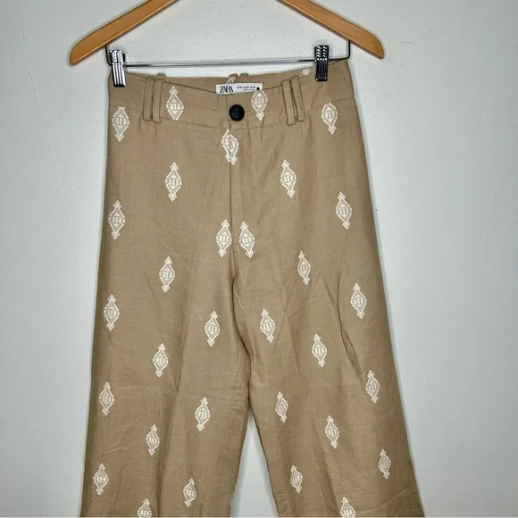 ZARA TAN LINEN BLEND EMBROIDERED WIDE LEG CULOTTE PANTS XS - Picture 3 of 6